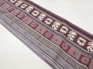 手織り紬縦縞に抽象模様織出し全通洒落袋帯